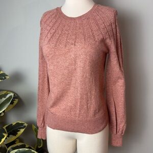 LOFT Dusty Rose Crew Neck Sweater with Intricate Yoke Design ~ Small